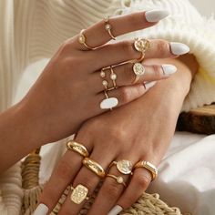 13 Piece Ring Set Beautiful. Gold. Jewelry Stack, Diy Ring, Rhinestone Material, Jewelry Photoshoot, Portrait Design, Dope Jewelry, Jewelry Photography, Hand Jewelry, Jewelry Inspo