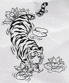 a drawing of a tiger with flowers on it's back and one foot in the air