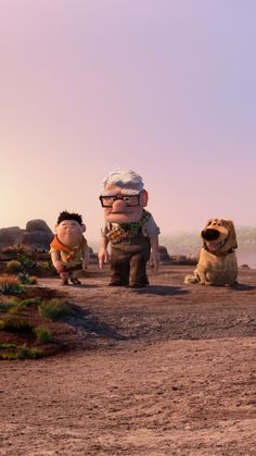 three animated characters are walking in the dirt