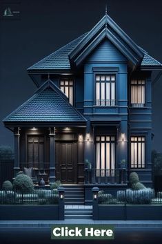 a house that is lit up at night with the words, click here below it