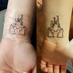 two people with matching tattoos on their wrists, one is holding the other's hand