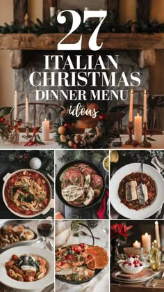 a collage of italian christmas dinner menus with candles and food on the table