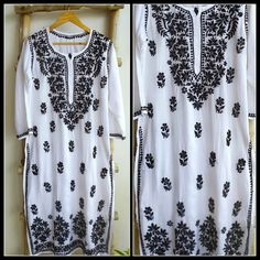 Fabric details: Kurta – Supreme Quality Modal With Heavy Black Chikan Embroidery ( Stitched ) Denim Pants – Black Denims (Stitched – Free Size) White Kurti, Pants Black, Denim Pants, Black Denim, Black Pants