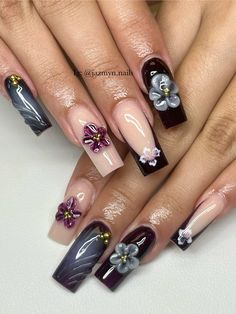 Long square Fall nails with 3d flowers and aura accents , colors: dark purple +white 2024 Nail Inspo Square, Dark Nails Square, Dark Purple Square Nails, Square Nail Inspo 2024, Senior Picture Nails Ideas, Dark Purple Nails With Design, Dark Purple Nails Ideas, Dark Plum Nails, Square Fall Nails