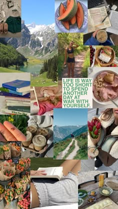 a collage of photos with food and words on them that include books, flowers, fruit, and vegetables