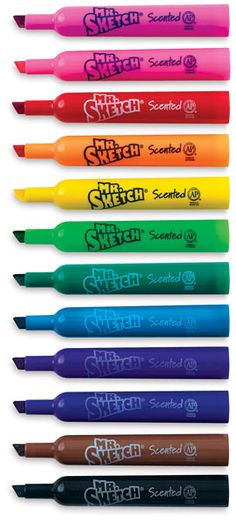 the different colored pens are lined up in a row on top of each other,