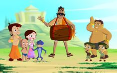 an animated scene with several people standing around and one man holding a drum in front of them