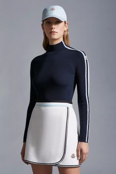 Night Blue Wool Turtleneck Sweater - Sweaters & Cardigans for Women | Moncler US Sport Luxe, Wool Turtleneck Sweater, Zippered Cardigan, Color Bands, Wool Turtleneck, Down Jackets, Sports Wear, Polo Neck, Looks Chic