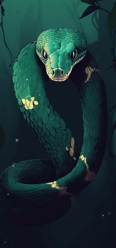 a green snake is curled up in the dark