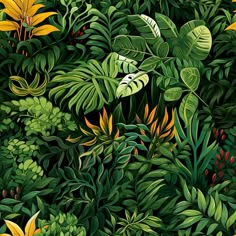 an image of a jungle scene with plants and flowers in the foreground, on a black background