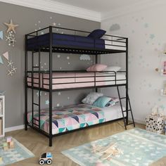 a child's bedroom with bunk beds and toys