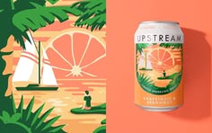 a can of up stream cider next to an orange and green wall with palm trees