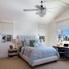 a bed room with a neatly made bed and a ceiling fan