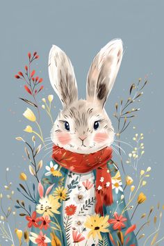 a painting of a rabbit wearing a scarf with flowers on it's chest and eyes