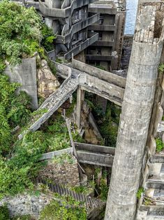 an aerial view of some buildings and stairs