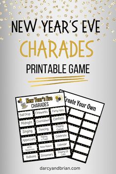 new year's eve charadess printable game with gold confetti