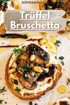 an open face sandwich with mushrooms and cream cheese on toasted bread, topped with fresh herbs