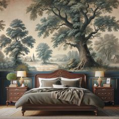 a bedroom with a large painting on the wall and bed in front of it,