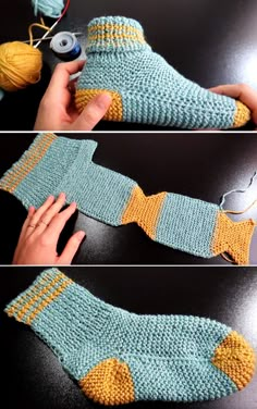 two pictures showing how to crochet a sock with yarn and buttons on it