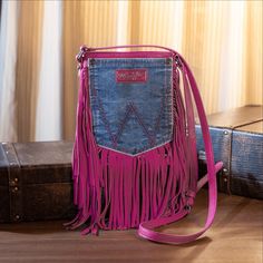 Wrangler Leather Fringe Jean Denim Pocket Crossbody - Hot Pink Wrangler Jean Pocket Purse, Jean Pocket Designs, Fringe Jeans, Fringe Crossbody Bag, Western Boutique, Denim Purse, Hot Bags, Jean Pockets, Denim Pocket