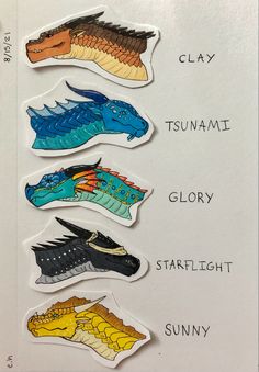 stickers depicting different types of shoes on a white surface with words below them that read, clay, tummae, glory, starlight, sunny