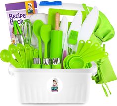 a white bucket filled with green kitchen utensils