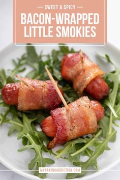 bacon wrapped little smokies on a plate with arugula sprouts