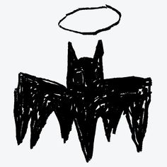 a black and white drawing of a bat flying through the air with a halo above it