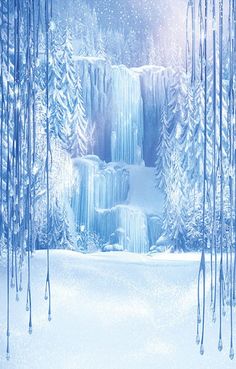 a frozen waterfall surrounded by trees and snow