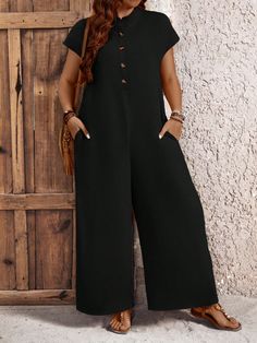 Plus Size Women Summer Stand Collar Batwing Short Sleeve Button Decor Pocket Wide-Leg Jumpsuit Black Casual  Sleeveless Woven Fabric Plain Unitard Non-Stretch  Women Plus Clothing, size features are:Bust: ,Length: ,Sleeve Length: Apple Body Shapes, Button Decor, Plus Size Jumpsuit, Wide Leg Jumpsuit, Black Jumpsuit, Bat Wings, Black Casual, Plus Clothing, Stand Collar