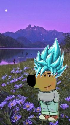 a cartoon dog with blue hair standing in the middle of purple flowers near water and mountains