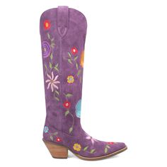 Make a statement wearing the Flower Power Suede Boot from Dingo1969. These boots embody retro charm with a touch of peace and love. Featuring a snip toe, a 2 1/2 inch tall fashion heel, and a cushioned comfort insole, they stand 18 inches tall. Available in various colors to suit every personality, the whimsical design is enhanced with beautiful floral embroidery. Size: 6.  Color: Purple.  Gender: female.  Age Group: adult.  Pattern: embroidered. Western Embroidered Boots For Rodeo, Multicolor Floral Embroidery Boots With Round Toe, Womens Purple Cowboy Boots, Floral Suede Boots, Cowboy Casual, Multicolor Floral Embroidered Round Toe Boots, Cowboy Ankle Boots, Cowgirl Dresses, Tall Fashion