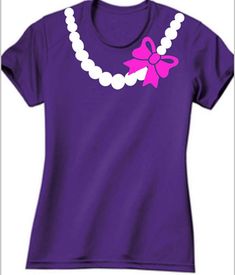 a purple t - shirt with a pink bow on the front and white beads on the back