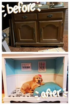 before and after photos of a dog bed in an old dresser with the bottom drawer removed