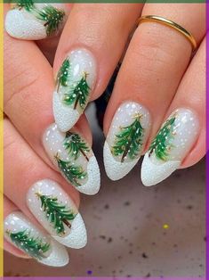 It can be anything, as long as it's holiday-themed! Green Christmas Nails, Christmas Tree Nail Art, Pink Flower Nails, Classy Nail Art Ideas, Birthday Nail Designs, Tree Nail Art, Christmas Tree Nails, Festive Nail Art, Tree Nails