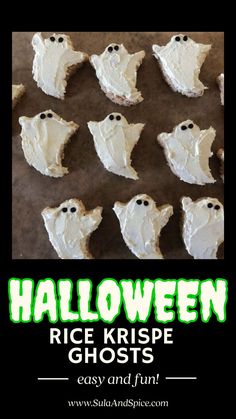 halloween rice krispe ghost cookies with white frosting and sprinkles on top