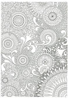 an intricate coloring page with lots of flowers and swirls in black ink on white paper