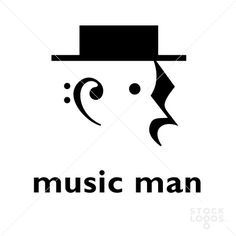 the music man logo is black and white, with a top hat on it's head