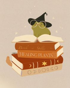 a stack of books with an image of a wizard's hat and eyeglasses on top