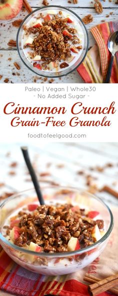 an image of granola in a glass bowl with apples and cinnamon on the side