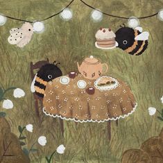 an image of a tea party in the grass with bees and bunnies on it