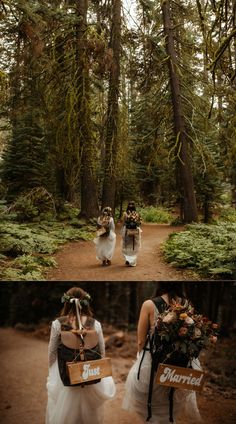 two women are walking through the woods with flowers in their backpacks and one woman is carrying