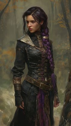 a painting of a woman with purple hair and braids standing in the middle of a forest