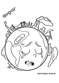 the earth is crying with buildings in the background and trees around it, coloring page