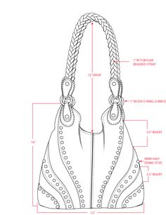 a handbag with measurements for the front and side handles, shown in white leather