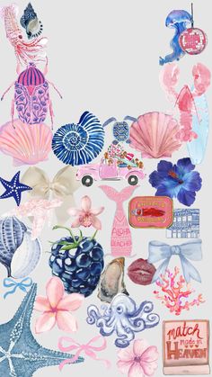 an assortment of different items are shown in this image, including seashells and starfish