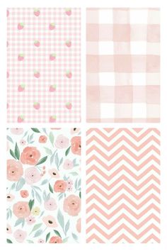 four different patterns with pink flowers and chevrons on the sides, one is white and