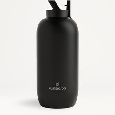 a black water bottle with the word waterdrop on it's side, sitting in front of a white background