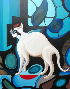 a painting of a white cat standing on top of a blue and black background