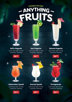 an advertisement with different types of drinks on the front and back of it's sides